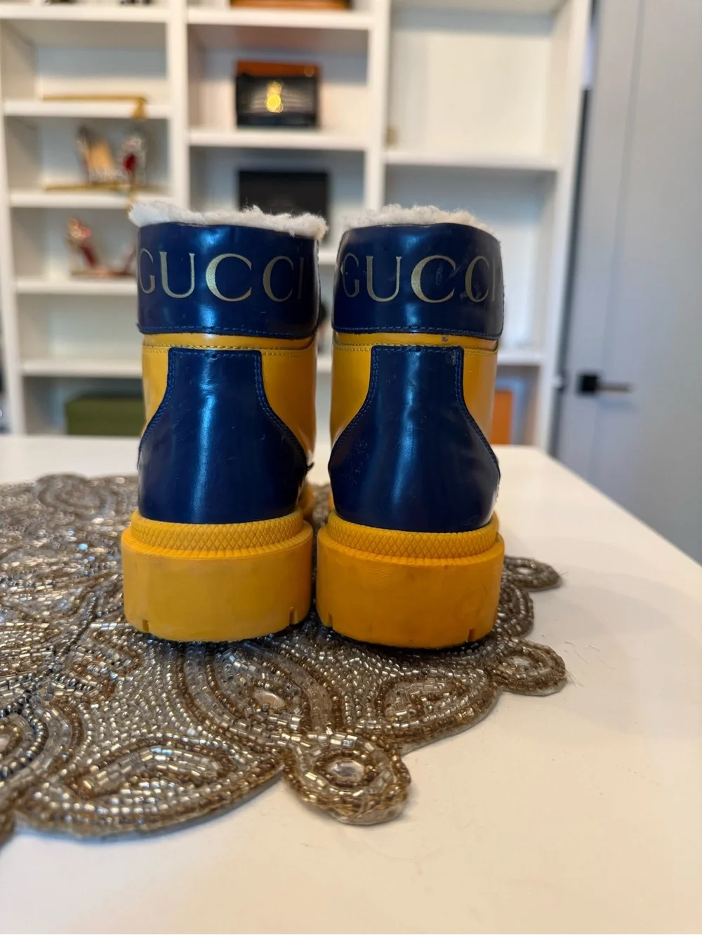 Gucci Unisex Kids Yellow Patent Wool Liner Ankle Rain Boots